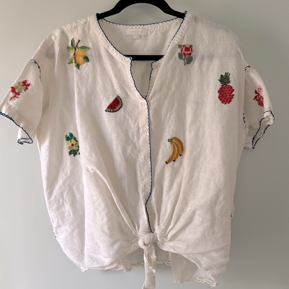 Intropia Linen Embroidered Tie-Front Blouse - Whimsical & Artisanal, Size S